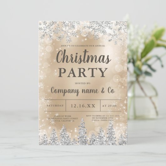 Invitation hiver argent neige pin or entreprise Noël (Debout devant)