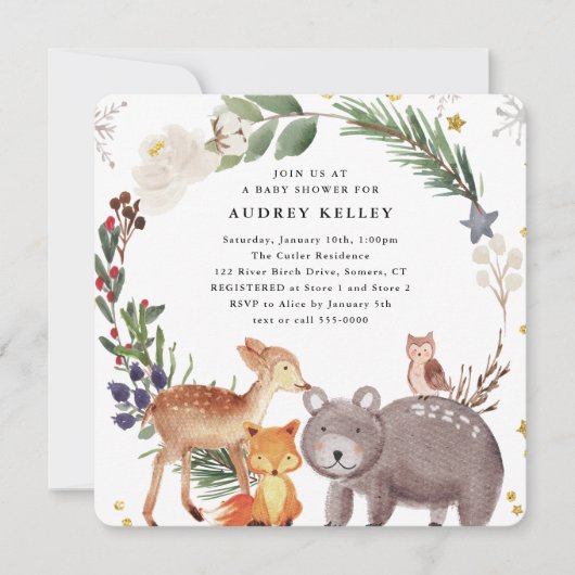 Invitation Hiver Baby shower des animaux de bois Carré (Devant)