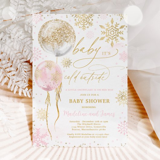 Invitation Hiver Baby shower rose et doré