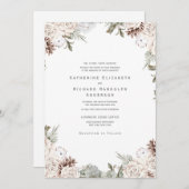 Invitation Hiver Blanc Floral Pine Cône Un site Mariage (Devant / Derrière)