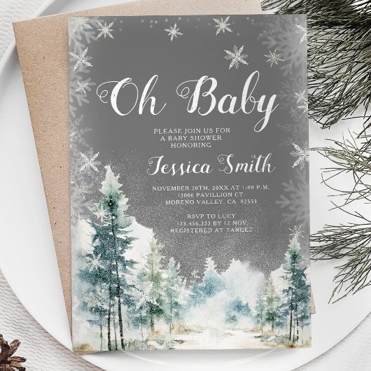 Invitation Hiver Blanc Pins de Neige Arbres Oh Baby shower