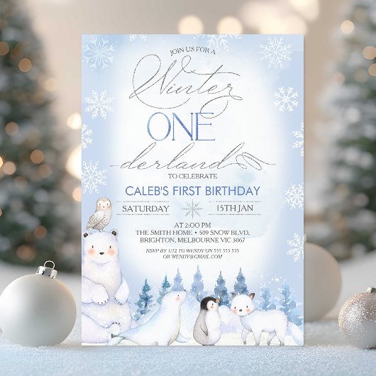 Invitation Hiver Bleu Arctique Animaux Onederland 1er anniver