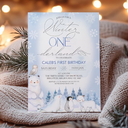 Invitation Hiver Bleu Arctique Animaux Onederland 1er anniver