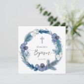 Invitation hiver bleu couronne aquarelle Baptême (Debout devant)