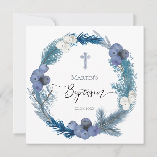 Invitation hiver bleu couronne aquarelle Baptême (Devant)
