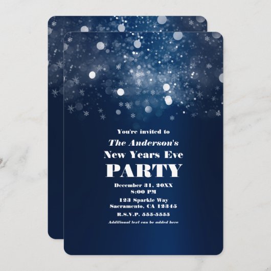 Invitation Hiver Bleu foncé Argent scintillant Nouvel An Réve (Devant / Derrière)