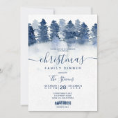 Invitation Hiver bleu forêt bois aquarelle neige Noël (Devant)
