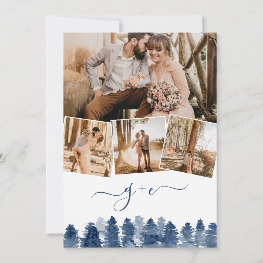 Invitation Hiver bleu forêt bois aquarelle photo mariage (Dos)
