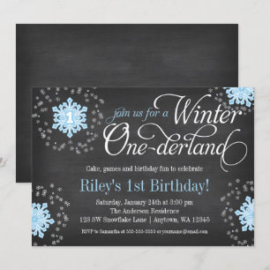 Invitation Hiver bleu Onederland de tableau de flocons de