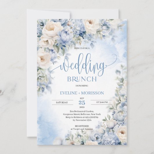 Invitation Hiver bleu poussiéreux et fleurs d'ivoire brunch m (Devant)