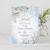 Invitation Hiver bleu poussiéreux fleurs ivoire rose eucalypt (Debout devant)