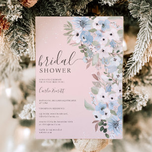 Invitation Hiver bleu poussiéreux floral neige rose nuptiale