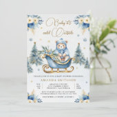 Invitation Hiver Blue Gold Floral Teddy Bear Baby shower (Debout devant)