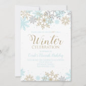 Invitation Hiver Blue Gold Silver Snowflakes Anniversaire (Devant)