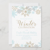 Invitation Hiver Blue Gold Silver Snowflakes Anniversaire (Devant)