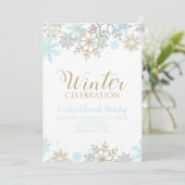 Invitation Hiver Blue Gold Silver Snowflakes Anniversaire (Debout devant)