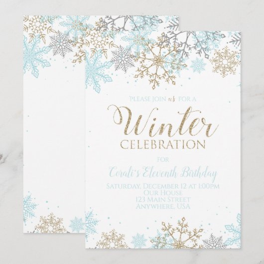 Invitation Hiver Blue Gold Silver Snowflakes Anniversaire (Devant / Derrière)