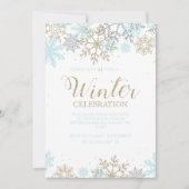 Invitation Hiver Blue Gold Silver Snowflakes Anniversaire (Devant)