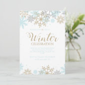 Invitation Hiver Blue Gold Silver Snowflakes Anniversaire (Debout devant)