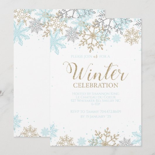 Invitation Hiver Blue Gold Silver Snowflakes Anniversaire (Devant / Derrière)