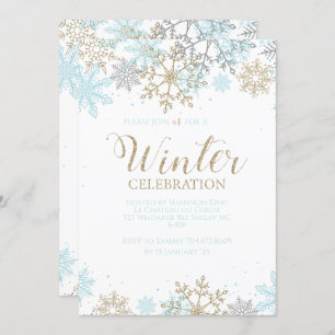 Invitation Hiver Blue Gold Silver Snowflakes Anniversaire