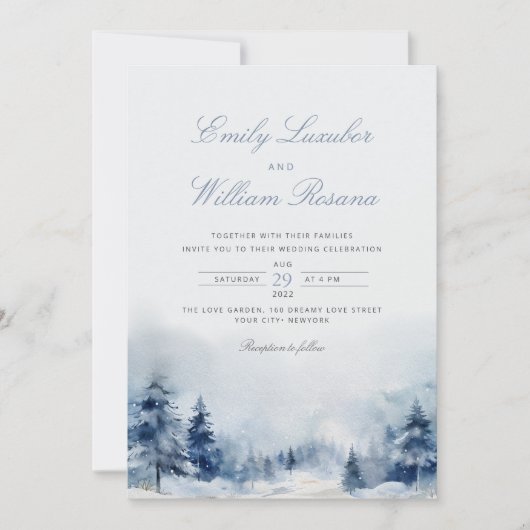 Invitation Hiver Blue Pine Snow Mounts Mariage (Devant)