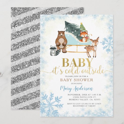 Invitation Hiver Blue Snowflakes Baby shower des bois (Devant / Derrière)