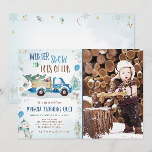 Invitation Hiver Blue Truck Snow Fun Boy Premier anniversaire (Devant / Derrière)