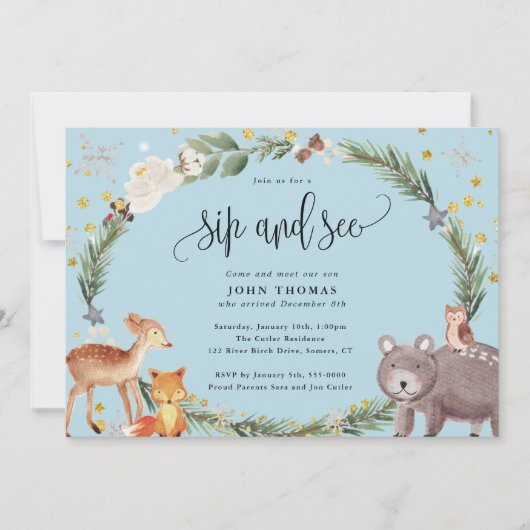 Invitation Hiver Bois Animaux Baby Boy Sip and See Blue (Devant)