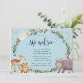 Invitation Hiver Bois Animaux Baby Boy Sip and See Blue (Debout devant)