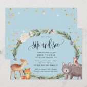 Invitation Hiver Bois Animaux Baby Boy Sip and See Blue (Devant / Derrière)