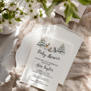 Invitation Hiver Bois Animaux Baby shower blanc