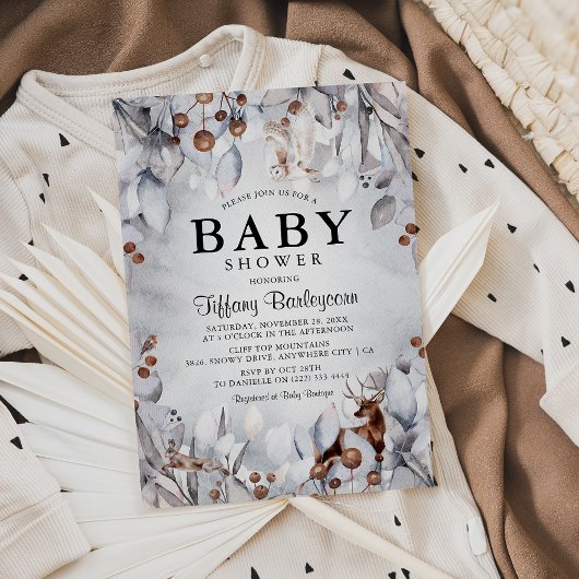 Invitation Hiver Bois Animaux Baby shower d'aquarelle