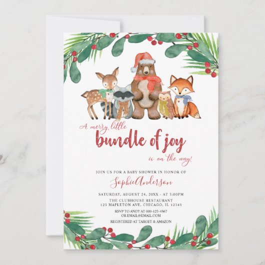 Invitation Hiver Bois Animaux Baby shower de Noël (Devant)