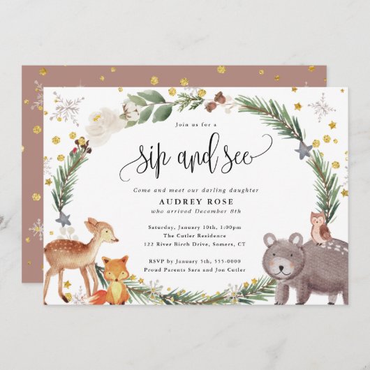 Invitation Hiver Bois Animaux Bébé Sip et voir (Devant / Derrière)