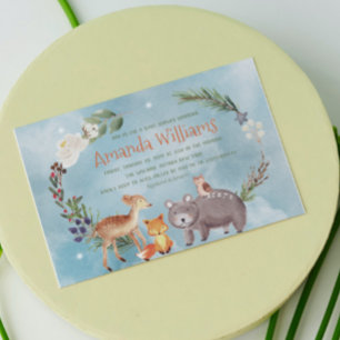 Invitation Hiver Bois Animaux Berries Pine Coton Bébé