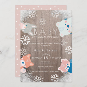 Invitation Hiver Bois Animaux Flocon de neige Baby shower ros