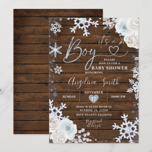 Invitation Hiver Bois Bleu Baby shower floral (Devant / Derrière)