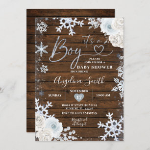 Invitation Hiver Bois Bleu Baby shower floral