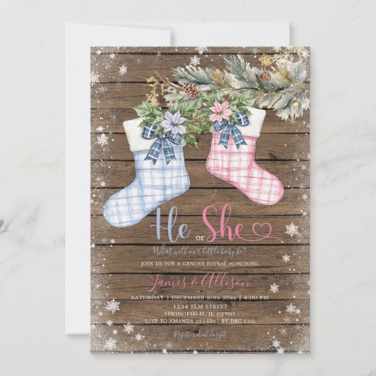 Invitation Hiver Bois Chaussettes de Noël Révélation de genre (Devant)
