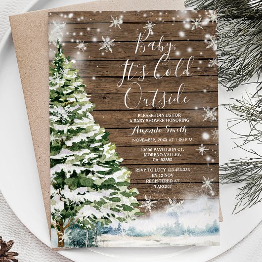 Invitation Hiver Bois rustique Baby shower À feuillage persis