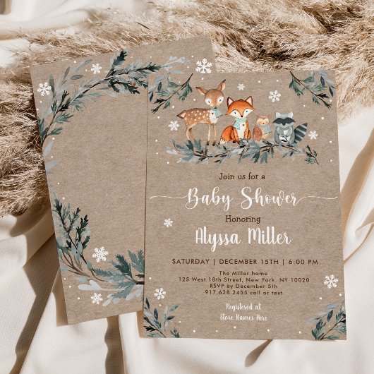 Invitation Hiver Bois Végétation Baby shower Flocon de neige