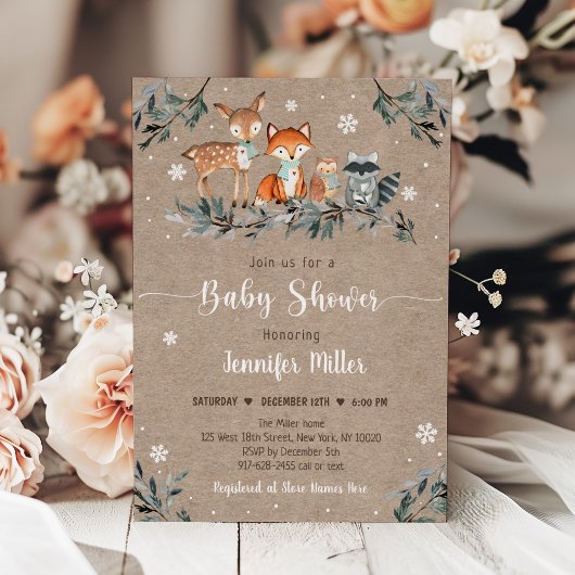 Invitation Hiver Bois Végétation Baby shower rustique