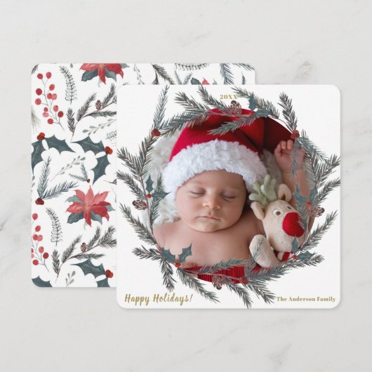 Invitation Hiver Botanique Pine Berry Wreath Holiday Photo (Devant / Derrière)
