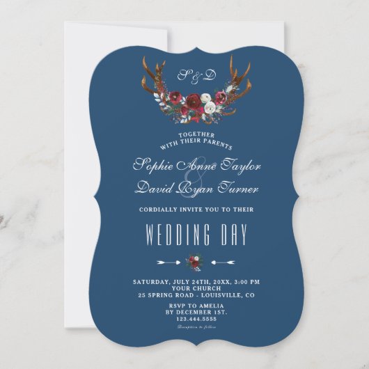 Invitation Hiver Bourgogne Floral Antlers Marine Mariage d'or (Devant)
