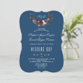 Invitation Hiver Bourgogne Floral Antlers Marine Mariage d'or (Debout devant)