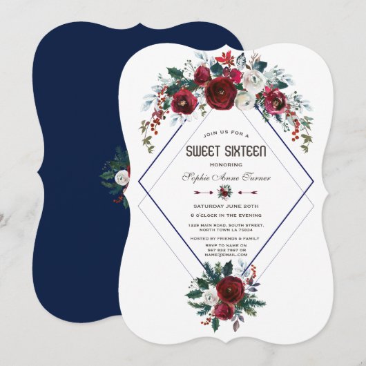 Invitation Hiver Bourgogne Floral Navy Blue Sweet 16 (Devant / Derrière)