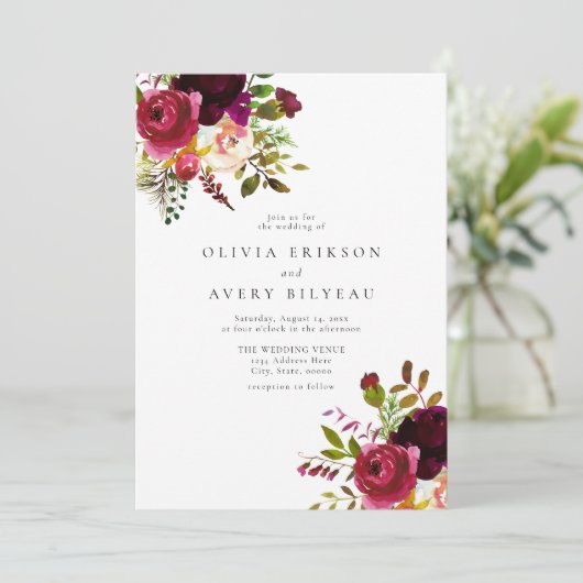 Invitation Hiver Bourgogne Maroon Marsala Mariage Floral (Debout devant)