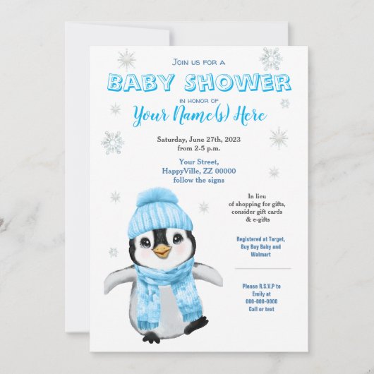 Invitation Hiver Boy Penguin Baby shower BlueInvitation (Devant)