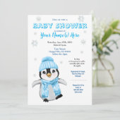 Invitation Hiver Boy Penguin Baby shower BlueInvitation (Debout devant)